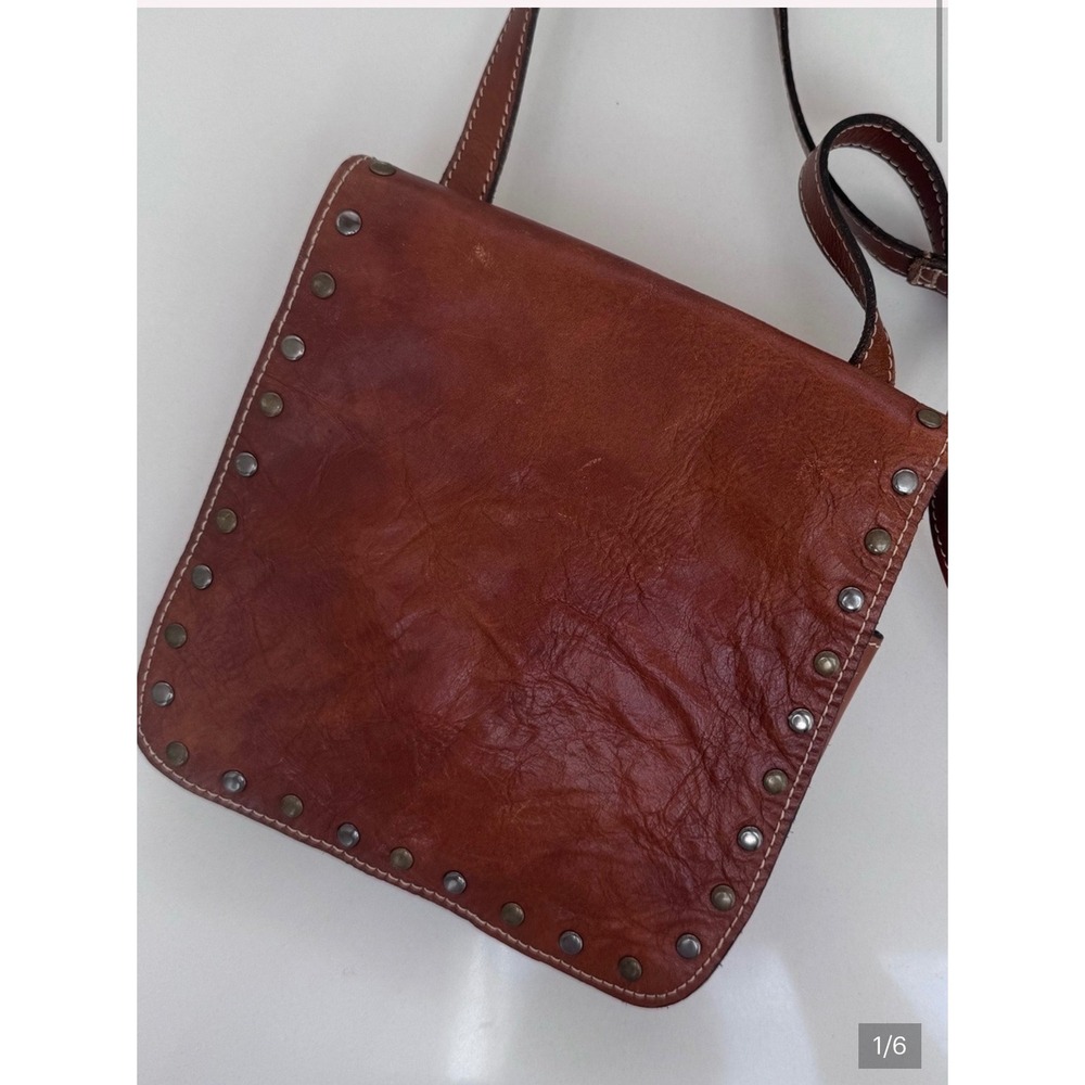 Cognac Brown Studded Leather Crossbody Bag Small Messenger Satchel Boho Western